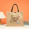 Vintage jute tote bag for teacher gift, reusable burlap handbag with printed appreciation text. - Style 6