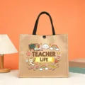 Teacher Life Jute Tote Bag Cartoon School Theme Linen Handbag Daily Casual Gift Tote - Teacher Life Cute Cat Style (14)