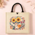 Nordic folk style jute tote bag with cute floral rabbit print, retro canvas handbag detail. - Style 4 (Sunflower Small Animal)