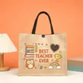 Canvas jute tote bag with cute teacher cartoon prints and durable black handle strap - Best Teacher Ever Number One Style (13)