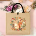 Nordic folk art printed jute tote bag with cute rabbit bird floral illustration for casual daily use - Style 3 (Rabbit Bird Floral)