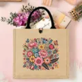 Nordic folk style jute tote bag, retro ethnic flower bird cartoon printed handbag for daily use. - Style 2 (Rich Floral Print)
