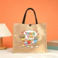 Teacher appreciation jute tote bag with cute cartoon printed design, vintage reusable shopping bag. - Style 3