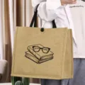 Vintage jute tote bag with book print, casual canvas handbag for daily commuting and shopping. - Books Glasses Style (3)