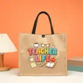 Teacher jute tote bag with black handles, retro burlap gift bag for teacher appreciation day. - Style 2