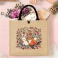 Nordic folk style jute tote bag with cute rabbit fox floral print eco-friendly casual handbag - Style 1 (Rabbit Fox Flower Bird)