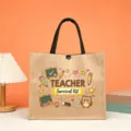 Teacher theme jute tote bag detail shot showing custom printed design and durable fabric. - Teacher Survival Kit Linen Style (11)