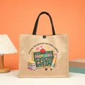 Teacher appreciation jute tote bag with printed blackboard and pencil design for daily use. - Style 4