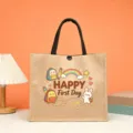 Jute tote bag with cartoon school print, durable canvas handbag for daily shopping and gifts. - Happy First Day School Style (9)
