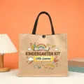 Jute tote bag detail showcasing school themed cartoon print, durable handles, and neat stitching. - Kindergarten Kit Stationery Style (7)