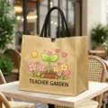 Jute Lehrer Tragetasche mit niedlichen Cartoon Pflanzen Blumen, langlebiger Griff. - Lehrer Garten Stil (6)