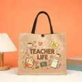 Teacher life jute tote bag with cute owl and coffee cup print for daily school and office use. - Best Teacher Ever Owl Style (5)