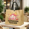 Detailansicht einer süßen Jute-Tragetasche für Lehrer mit niedlichem Cartoon-Aufdruck. - Klassenlehrer Stil (4)