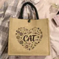 Große Jute-Tragetasche mit süßem Katzen-Linienkunst-Druck, perfekte lässige Einkaufstasche. - Katzen Thema Stil (6)