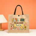 Detailed view of teacher theme jute tote bag with cute cartoon prints and sturdy handles. - Teacher Thank You Sunflower Style (4)