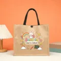 Jute tote bag with cute cartoon school print, durable fabric shoulder bag for daily use. - Back to School Rainbow Style (3)