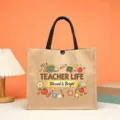 Teacher Life jute tote bag, cute cartoon school theme reusable grocery shopping bag gift. - Blessed Bright Teacher Style (2)