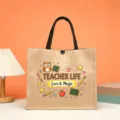 Teacher life jute tote bag with cute cartoon school elements, durable shoulder bag gift. - Teacher Life Owl Style (1)