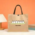 Custom jute tote bag with cute penguin pattern and personalized name. Durable linen handbag. - Style 16