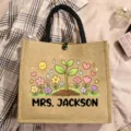 Customized name jute tote bag with cute cartoon flower print, durable handles for daily use. - Sprouting Flower Style (8)