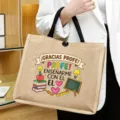 Detailed view of teacher jute tote bag with Spanish appreciation print and sturdy handles. - Style 12