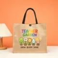 Teacher garden jute tote bag with cute cartoon plant print and black handles for daily use. - Grow Bloom Shine Teacher Garden Style (13)