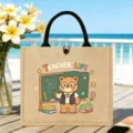 Personalisierte Jute-Tragetasche für Lehrer mit Bären-Druck, große Einkaufstasche Handtasche. - Cartoon Bär Lehrer Leben Stil (14)