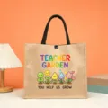 Jute tote bag featuring teacher garden and cute plant prints, perfect gift for teachers. - Help Us Grow Teacher Garden Style (12)