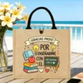 Jute Tragetasche Detailansicht, personalisierbare Leinentasche mit Lehrer Motiv. - Spanische Tafel Stil (13)