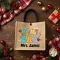 Personalized teacher jute tote bag with cute retro colorful letters print and sturdy handles. - Style 7