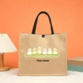 Jute tote bag with cute duck print and custom name, sturdy handles for daily use. - Style 14