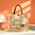 Teacher appreciation jute tote bag, large capacity canvas lunch bag with cute cartoon prints. - Style 6