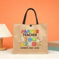 Cute math teacher jute tote bag with colorful cartoon numbers and rainbow letters pattern. - Math Teacher Numbers Style (11)