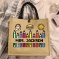 Customizable teacher jute tote bag featuring cute cartoon pencil and book print details. - House and Books Style (6)