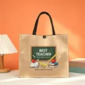 Large capacity burlap tote bag with teacher themed print, perfect gift for teachers daily use. - Style 4