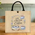 Jute Lunchtasche Süßer Cartoon Kaffee Druck Wiederverwendbare Leinen Handtasche für Büro - Kaffeetasse Stil (9)