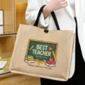 Teacher themed jute tote bag with charming chalkboard print, durable burlap handbag for daily use. - Style 8