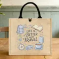 Jute Brotdose Tasche mit Reise-Druck, tragbare Leinentasche fuer Mahlzeiten im Alltag. - Reise-Themenstil (10)
