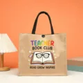 Teacher jute tote bag detail featuring colorful book club graphic, eco-friendly burlap shopping bag. - Teacher Book Club Style (9)