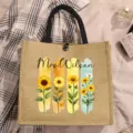 Customized sunflower jute tote bag with black handles, stylish botanical print canvas handbag. - Sunflower Print (6)