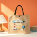 Teacher survival kit jute tote bag, large capacity canvas bento bag with cute cartoon print. - Style 3