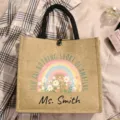 Personalisierte Jute-Tasche mit Regenbogen-Blumen-Druck, ideales Geschenk für Lehrerinnen. - Stil 8