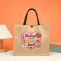 Jute tote bag with cute teacher appreciation print, spacious casual handbag for daily use. - Style 2