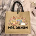 Custom name jute tote bag, reusable canvas shopping bag with cute cartoon rainbow print. - Rainbow and Palette Style (3)