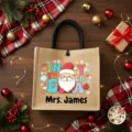 Custom teacher jute tote bag personalized Christmas burlap handbag with santa gift. - Style 12