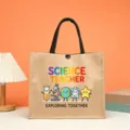 Science teacher burlap tote bag with cute cartoon science graphics, sturdy handles. - Science Exploring Teacher Style (7)