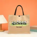 Customizable jute tote bag featuring cute pandas and bamboo print with black handles. - Style 8