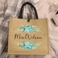 Customized floral jute tote bag with botanical succulent print and personalized name design. - Succulent Print (4)