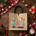 Custom jute teacher tote bag with personalized name print, perfect holiday gift bag. - Style 13