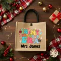 Custom burlap tote bag with teacher era print and personalized name for daily use gift. - Style 14